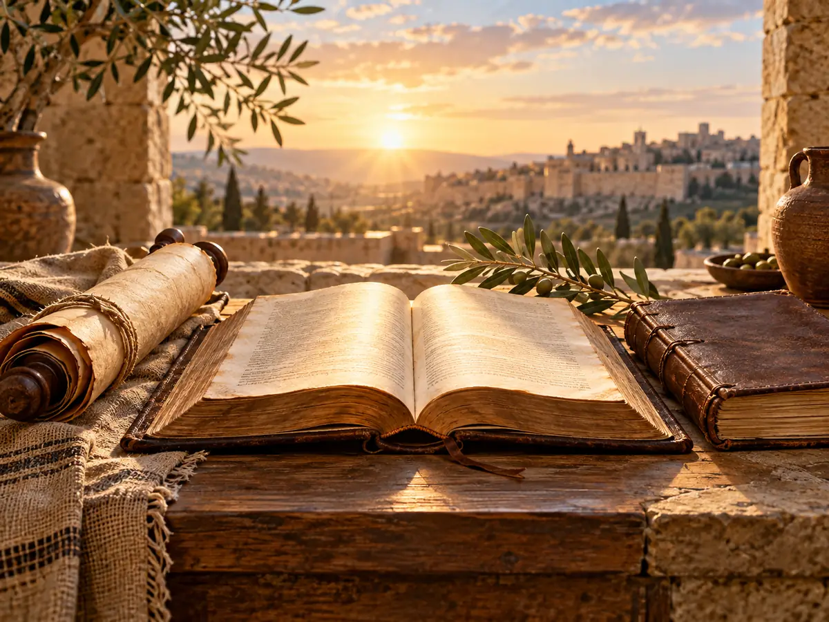 An open Bible between an ancient scroll and a bound volume at sunrise