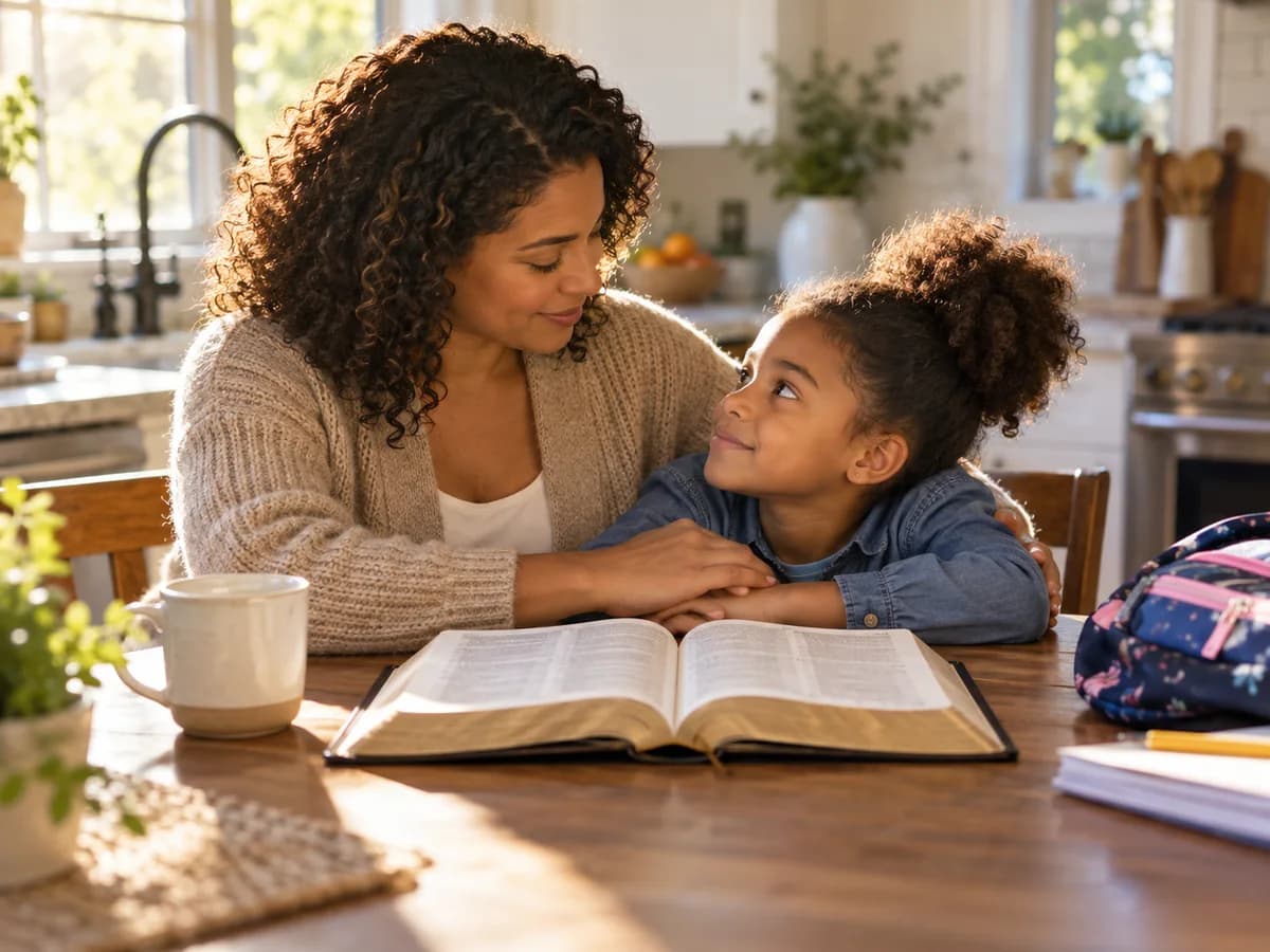 A mother and child reading an open Bible together in a warm, peaceful room