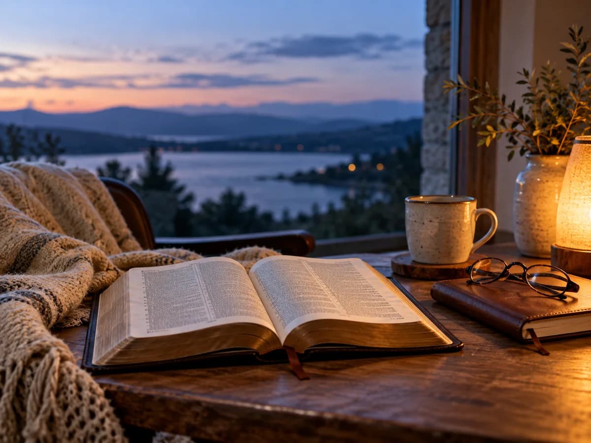 A quiet desk with an open Bible and a handwritten note, representing calm for an overthinking mind