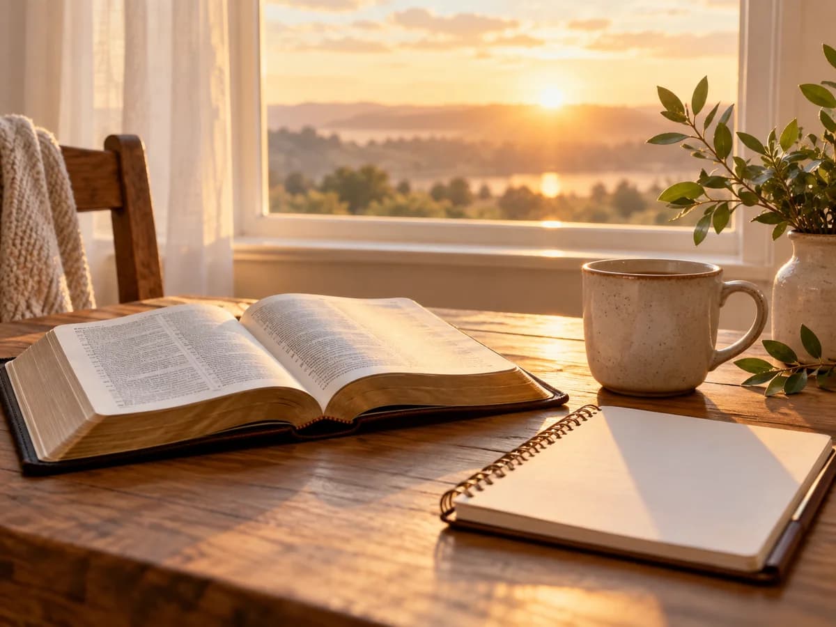 An open Bible, notebook, and cup of tea in morning light for a daily Scripture and prayer practice