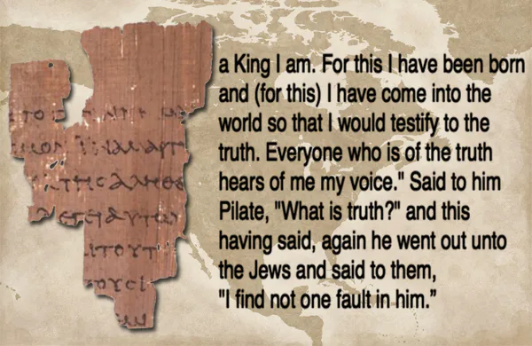 Rylands Library Papyrus P52, an early fragment of the Gospel of John with a translation beside it